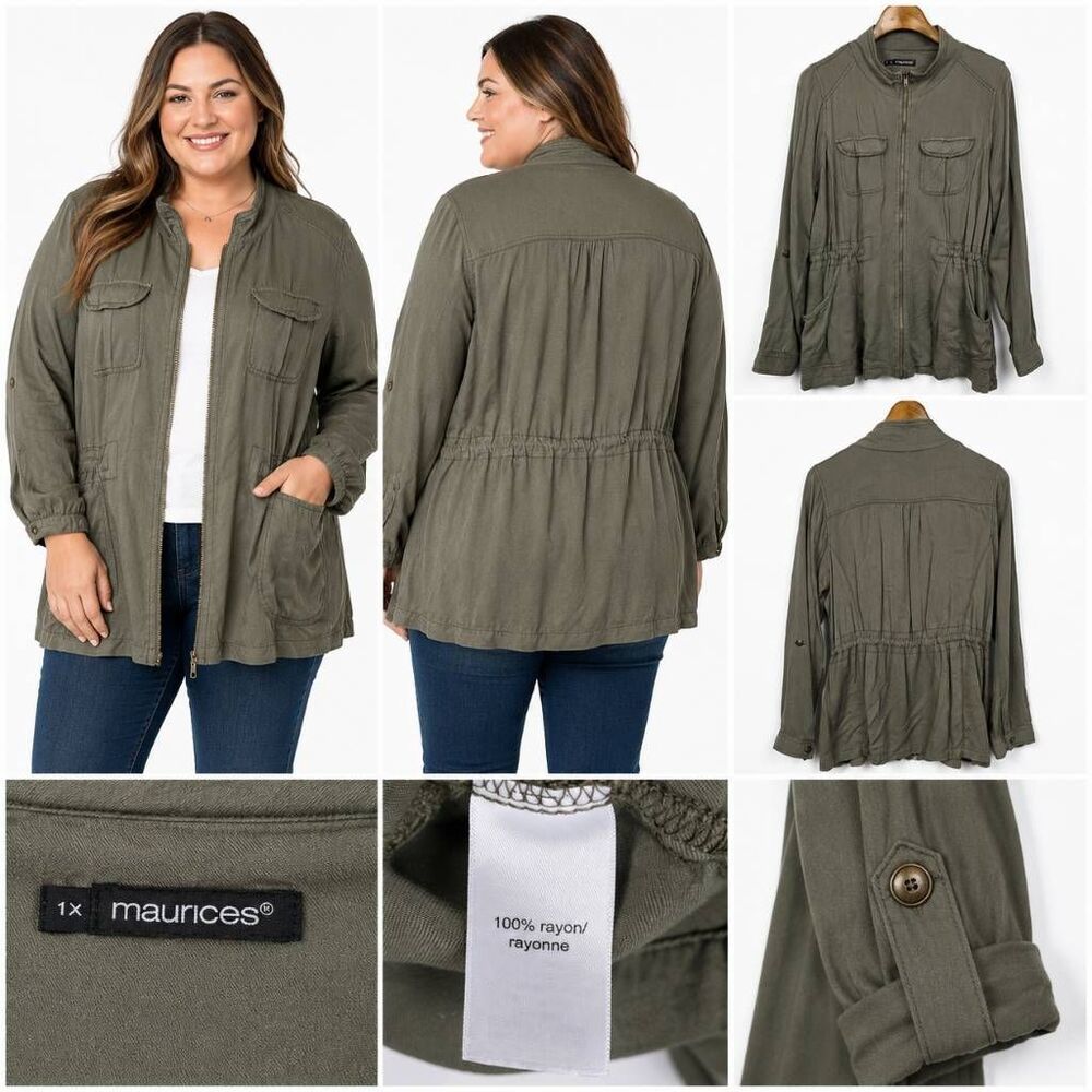 Maurices Olive Utility Jacket 1X Zip Front Rayon Plus Size